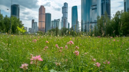 Urban Nature Scene with Wildflowers in a City Skyline Background