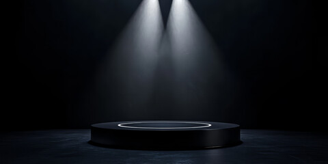 A cinematic 3D background featuring a dramatic spotlight shining on a sleek black podium. The dark setting and high-contrast lighting add a sense of importance and exclusivity.
