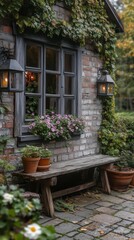 Fototapeta premium Cozy house garden with blooming flowers and rustic bench