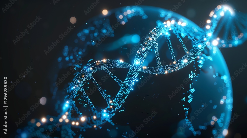 Poster a digital abstract image of a dna strand with a blue and black color scheme.