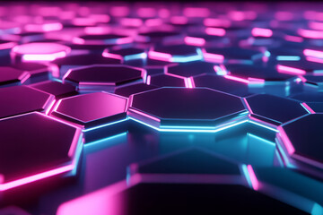 A high-tech 3D abstract background featuring an endless expanse of floating, glowing hexagonal panels. The vibrant neon edges and soft reflections create a mesmerizing cybernetic atmosphere.