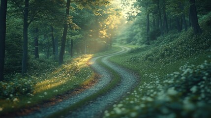 Obraz premium Sunlit Forest Path Winding Through Green