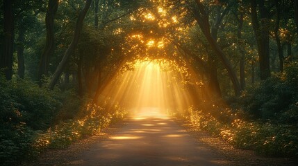 Obraz premium Sunlit Forest Path, Morning Haze, Peaceful Scene
