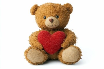 Obraz premium Teddy Bear Holding Heart. Vintage Brown Bear with Fluffy Nubes Sitting on Isolated Background
