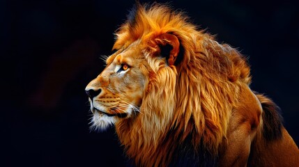 Naklejka premium Majestic Lion Portrait – King of the Jungle on Dark Background