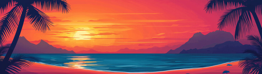 Obraz premium vibrant sunset over tropical beach with palm trees and mountains