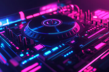 A cyberpunk-inspired 3D abstract background where a DJ turntable glows with neon energy. Pulsing digital sound bars rise and fall, forming a rhythmic visualization of high-tech music production, beats