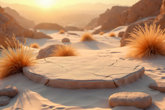 Product presentation stone platform in a serene desert sunset background for therapy, relaxation, spiritual and health products - AI generated