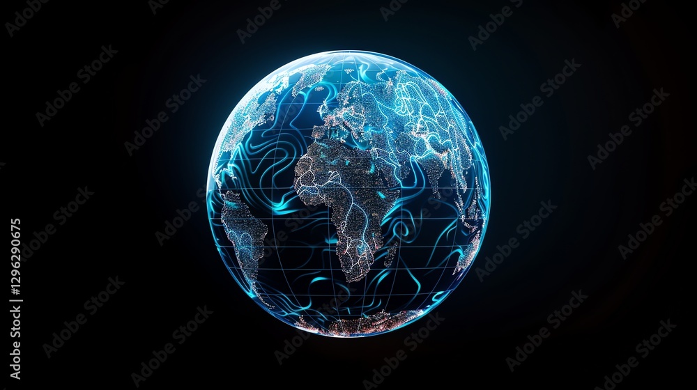 Poster a digital rendering of the earth with blue, glowing lines and a grid pattern.