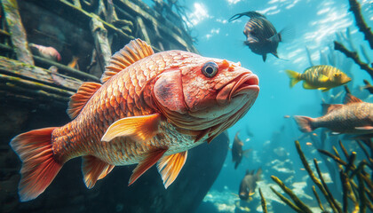 Naklejka premium Vibrant underwater scene featuring colorful fish swimming near sunken ship. orange fish stands out among diverse marine life