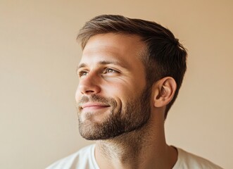 Fototapeta premium Portrait of a handsome, smiling man looking away, with a light beige background and blurred face. This is the winning stock photo for a text contest, 