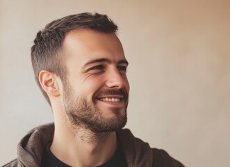 Obraz premium Portrait of a handsome, smiling man looking away, with a light beige background and blurred face. This is the winning stock photo for a text contest, 
