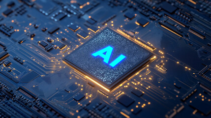 ブルーとゴールドに輝く次世代AIcプロセッサと先端テクノロジー回路基板 | 光るチップ