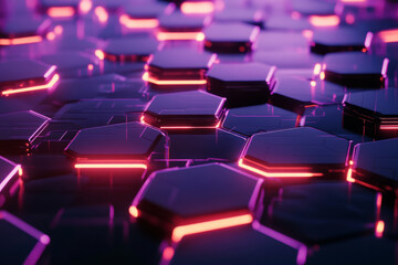 Fototapeta premium A high-tech 3D abstract background displaying a glowing matrix of interconnected hexagonal grids. Each hexagon pulsates with neon energy, casting soft reflections on the surrounding space, forming a