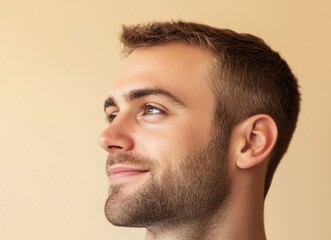 Fototapeta premium Portrait of a handsome, smiling man looking away, with a light beige background and blurred face. This is the winning stock photo for a text contest, 