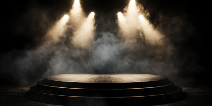 A dramatic 3D background featuring a grand podium illuminated by spotlights in a dark, smoky environment. The strong contrast and cinematic lighting add a sense of importance and prestige.