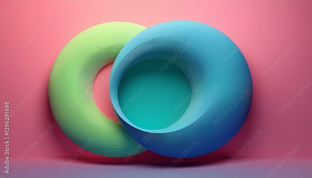 Poster a minimalist digital art piece featuring two overlapping neon blue and green circles on a vibrant pi