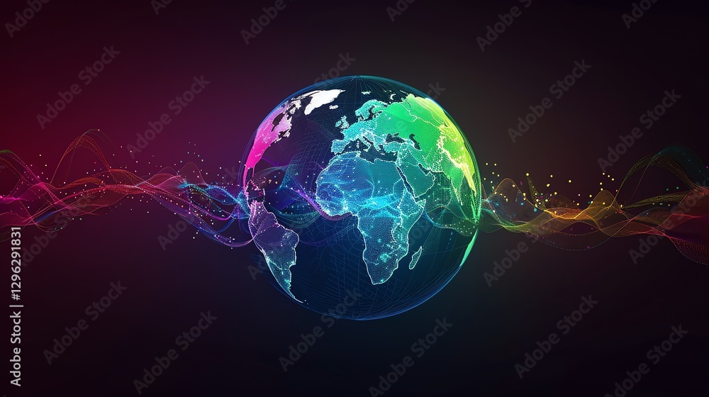Poster a digital rendering of the earth with glowing lines and a colorful, abstract wave.
