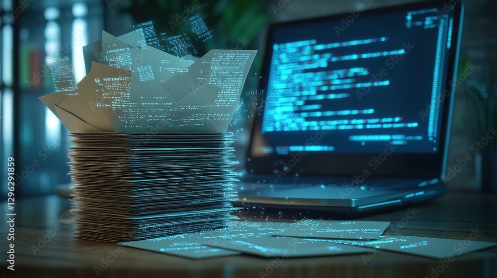 Poster digital data flow glowing on stack of papers near laptop with code on screen