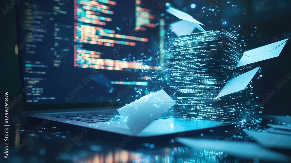 Poster digital data destruction: blue glowing code exploding from laptop screen