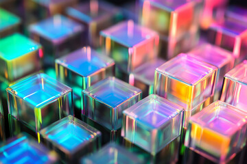 A high-tech 3D abstract background featuring an array of transparent, holographic cubes, pulsating with neon light. The intricate reflections and geometric precision create a striking, futuristic