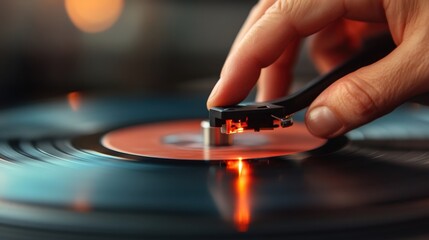 A close-up image of a hand carefully placing a needle on a spinning vinyl record, capturing the essence of analog music and the nostalgia associated with record players and vinyl.
