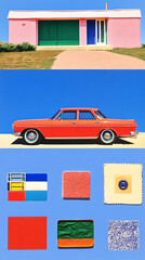 Vibrant Pink House, Retro Red Car, and Abstract Art on a Sunny Day