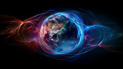 A digital rendering of a glowing blue and red globe with abstract lights.