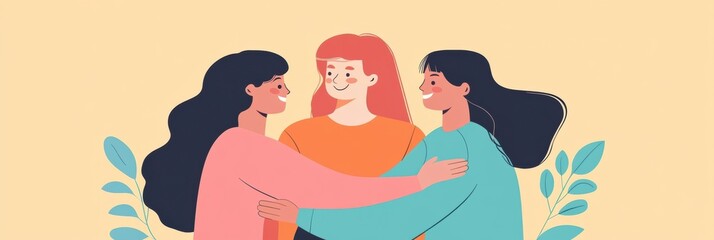 Three friends sharing a joyful embrace against a warm pastel background in a friendly gathering. Generative AI