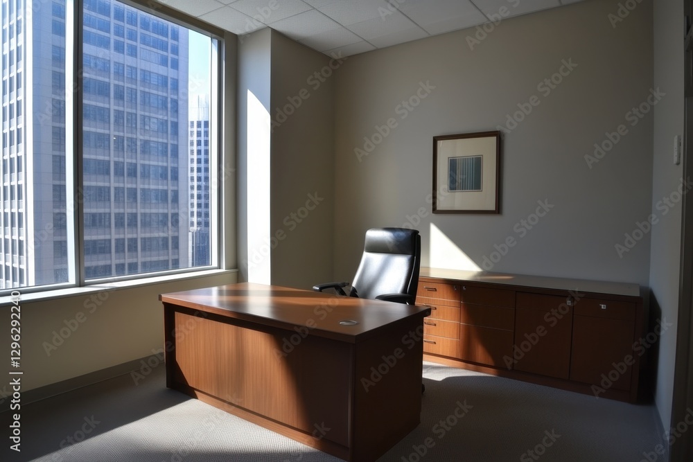 Poster a photo showcasing a simple room with a functional desk comfortable chair and a large window providi