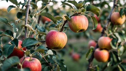 Obraz premium Ripe red apples cling to leafy branches in the autumn orchard