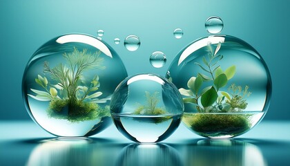 3d render of glass spheres with water and plants inside floating on blue background