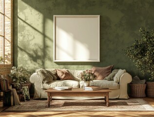Cozy Living Room with Green Walls and Minimalist Decor