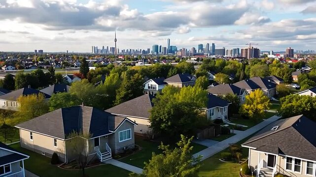 Aerial View of Suburb with Toronto Skyline in Background