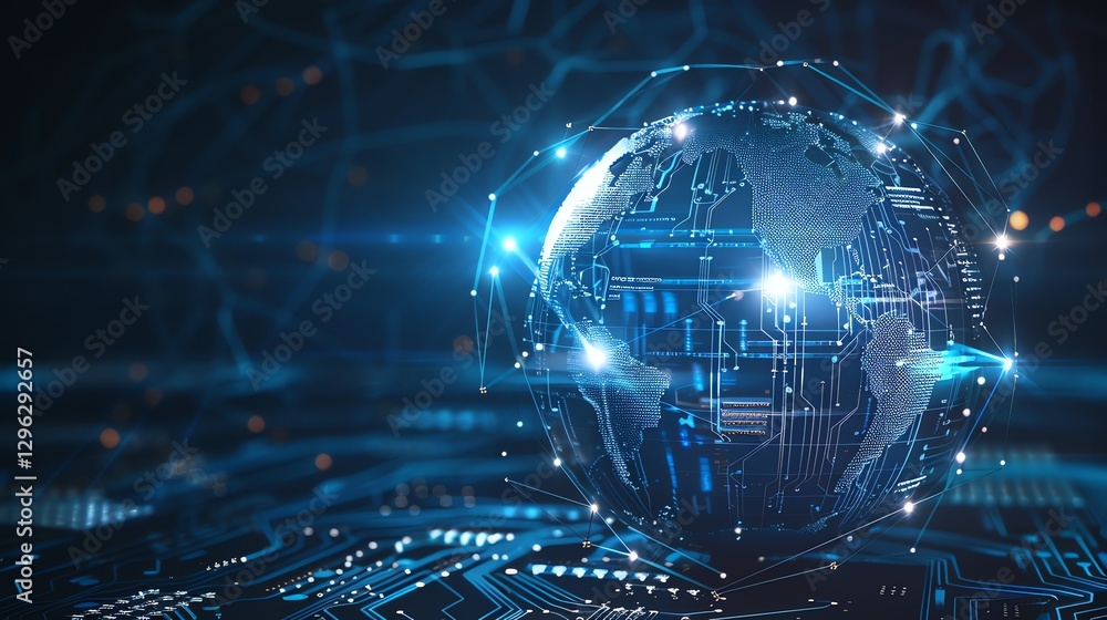 Poster an abstract digital globe with glowing blue lines and a circuit board in the background.
