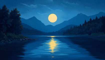 serene landscape featuring full moon reflecting calm lake, surrounded by mountains and trees. tranquil scene evokes sense of