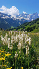Fototapeta premium Idyllic mountain meadow with blooming flowers and snow-capped peaks under a blue sky.