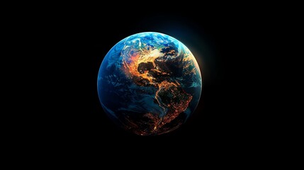 Naklejka premium A digital rendering of Earth with city lights glowing at night.