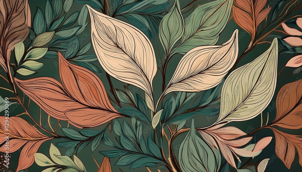 Poster an abstract botanical pattern based on hand drawn branches with leaves