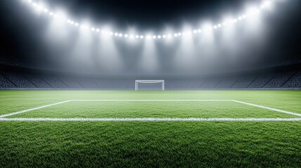 Obraz premium Illuminated Stadium Field with Empty Goalposts at Night