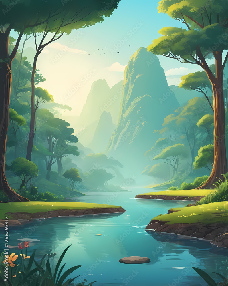 Poster a serene landscape with a river flowing through a lush, mountainous area, creating a tranquil scene