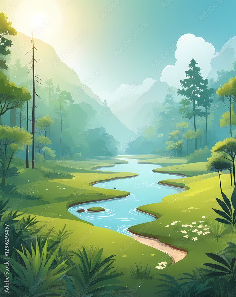 Poster a winding river flows through a lush green landscape, surrounded by trees and mountains, with the su