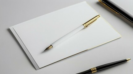 Elegant stationery set featuring a blank white card and a luxurious pen, perfect for notes, letters, or invitations. Ideal for sophisticated styling.