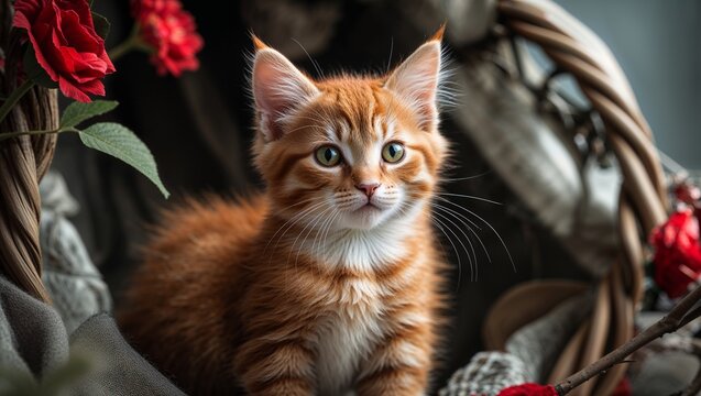 A fluffy orange tabby kitten with green eyes explores domestic furniture - Powered by Adobe