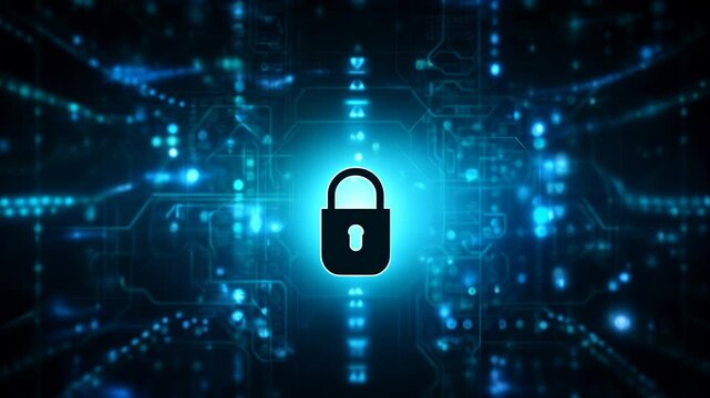 Cybersecurity is visualized as a black padlock in the center of complex, bright blue digital circuit board with glowing nodes and connections, background, backdrop