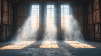 Sunlit warehouse interior, dust motes, sunrise, empty space, film backdrop