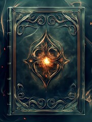 Fototapeta premium A magical glowing book with tiny embers floating from it, surrounded by glowing magic, twisting ivy, and enchanting flowers, evoking a fantasy theme with an ancient tome feel and mysterious ambiance.