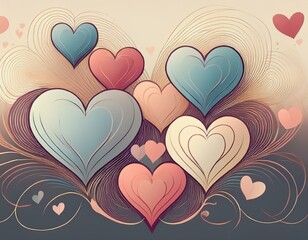 elegante cartolina d auguri con una serie di cuori stilizzati su uno sfondo chiaro i cuori sono collegati da una linea sottile e hanno una colorazione tenue in tonalita pastello