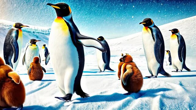 King Penguin Family Walking in Snowy Habitat, Penguins and Cute Brown Little Penguin Chicks World Penguin Day 