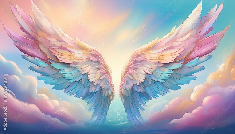 Poster pastel colored wings in the clouds rest in peace image in loving memory anniversary mass invitation 